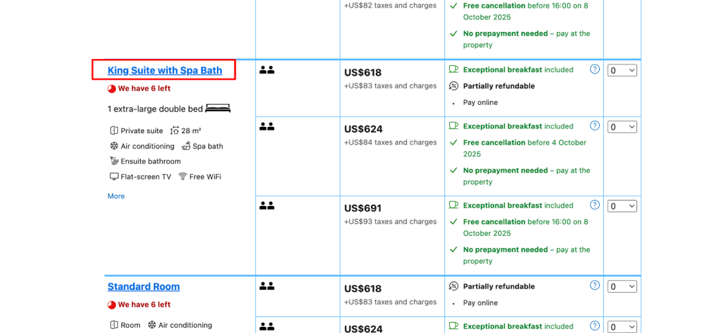 Hotel booking page highlighting a king suite with spa bath, room details, pricing, and availability